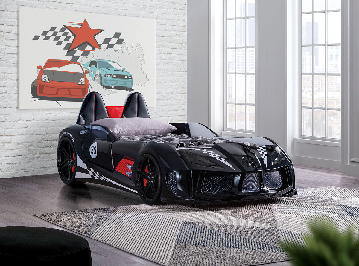 Modern Novelty Style Twin Size Bed Race Car Design Attached Two Magnetic Doors With LED Lights On Wheels And Bottom Upholstery HB Black Finish