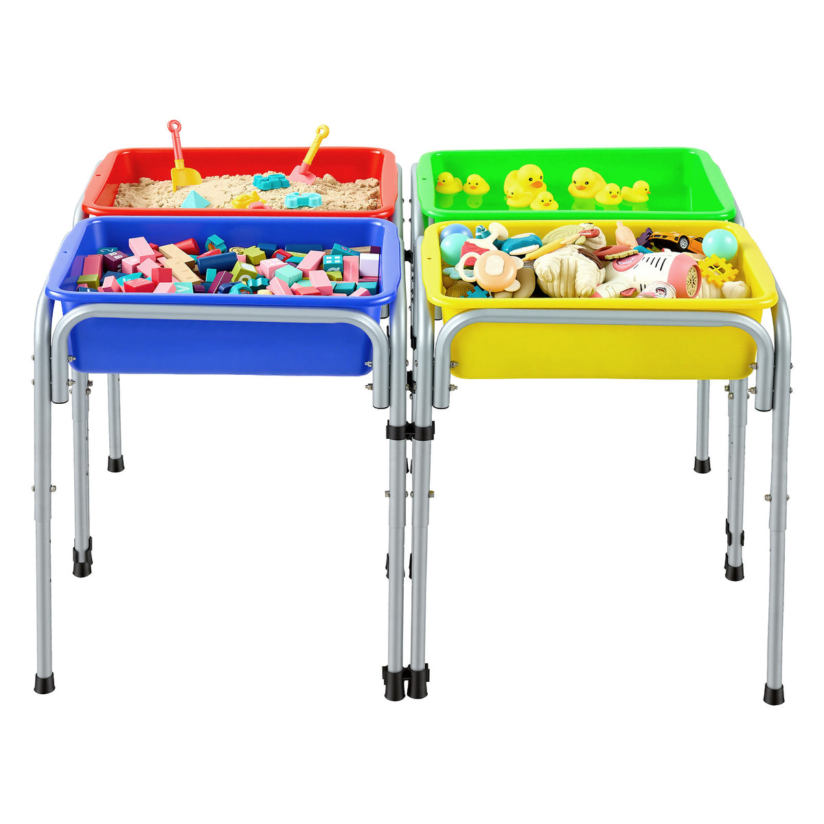 Sensory Table for Toddlers, Kids 4-Station Sand and Water Adjustable Play Table with Detachable Storage Bins and Non-Slip Feet, Carbon Steel Frame, Rounded Corners, for Boys and Girls Exploring