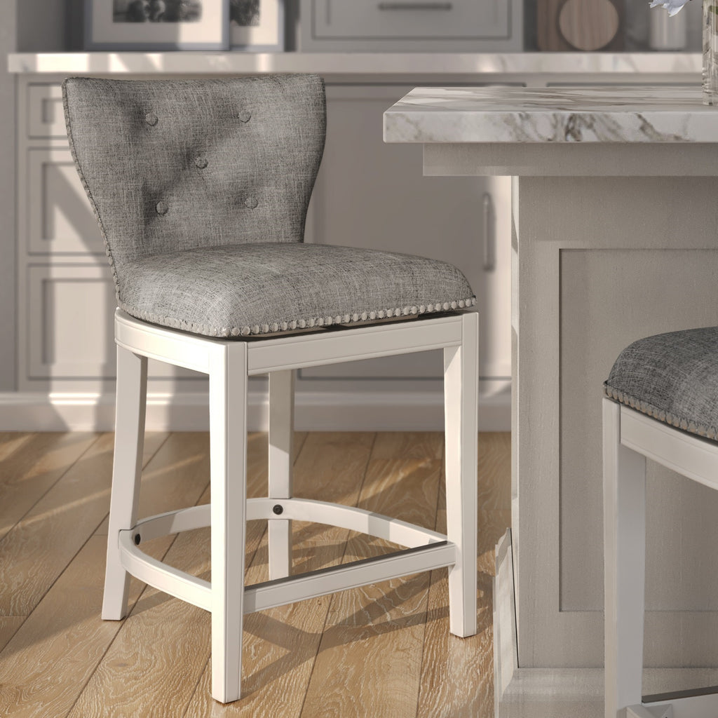 Stella 26' Upholstered Counter-Height Swivel Bar Stool with Back, White with Gray Upholstery
