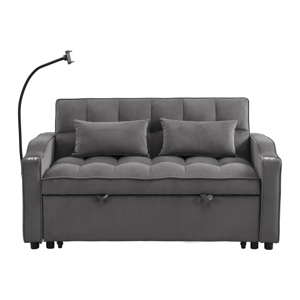 Sofa Bed with Trundle in Dark Grey Velvet, Space-Saving Convertible Sleeper for Small Rooms