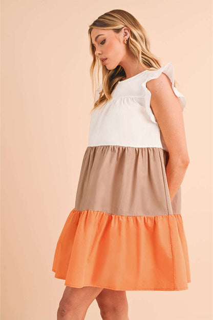 Apricot Ruffle Color Block Tiered Mini Dress