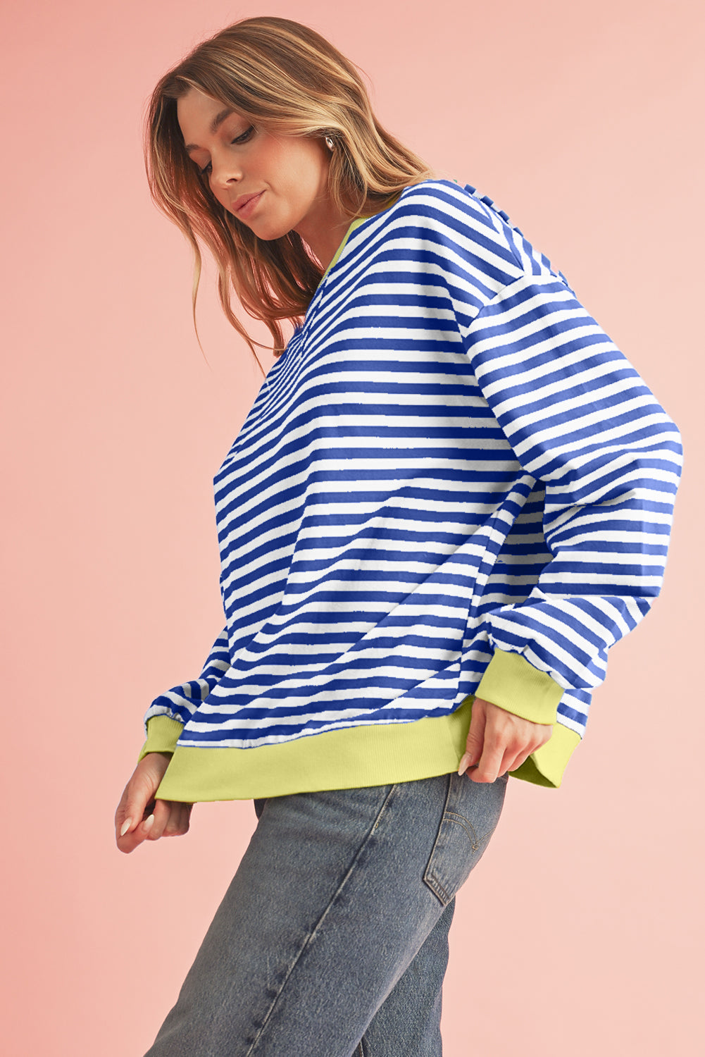 Green Stripe Contrast Edge Oversized Sweatshirt