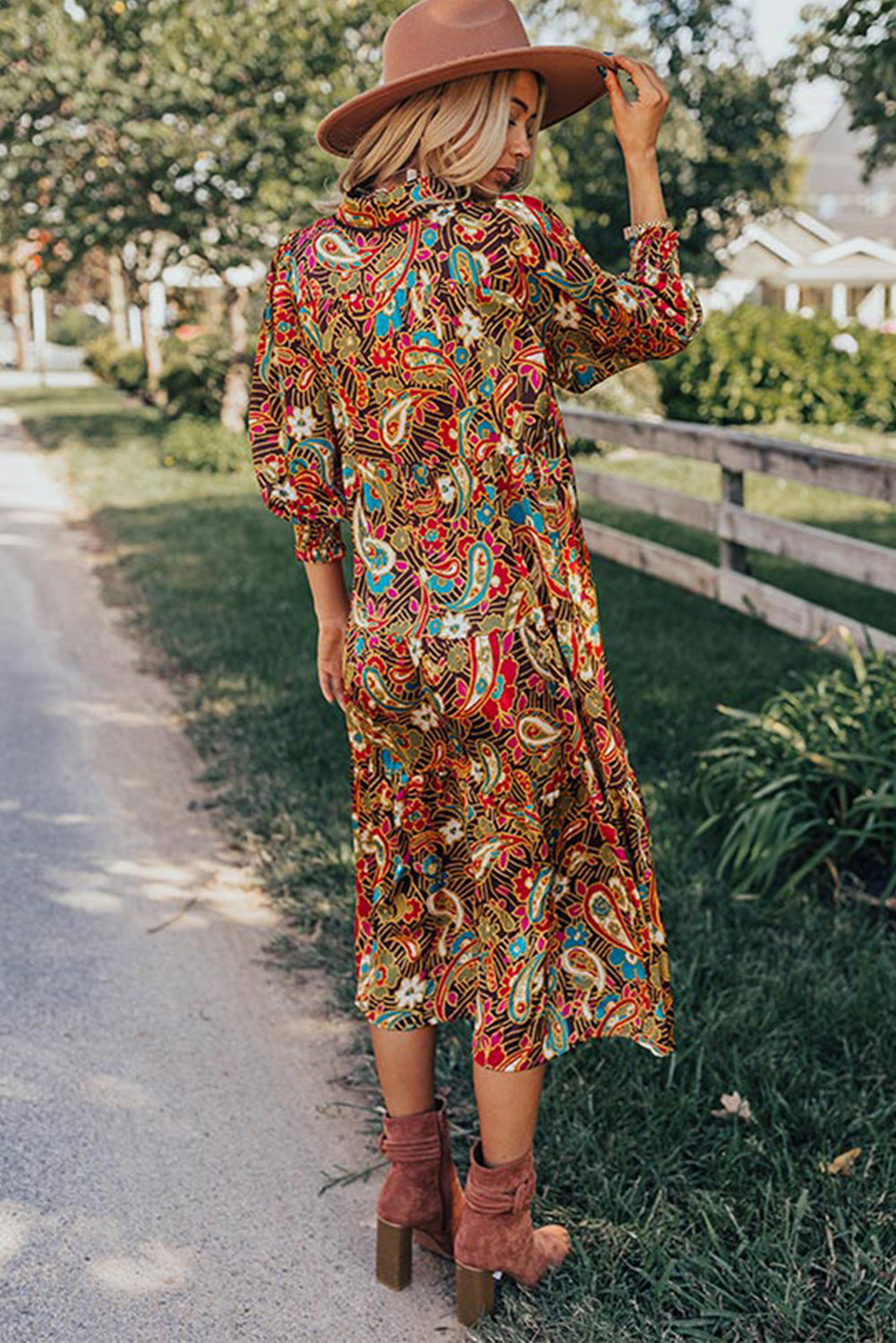 Yellow Paisley Abstract Print Collared 3/4 Sleeve Midi Dress - Eloy Royal