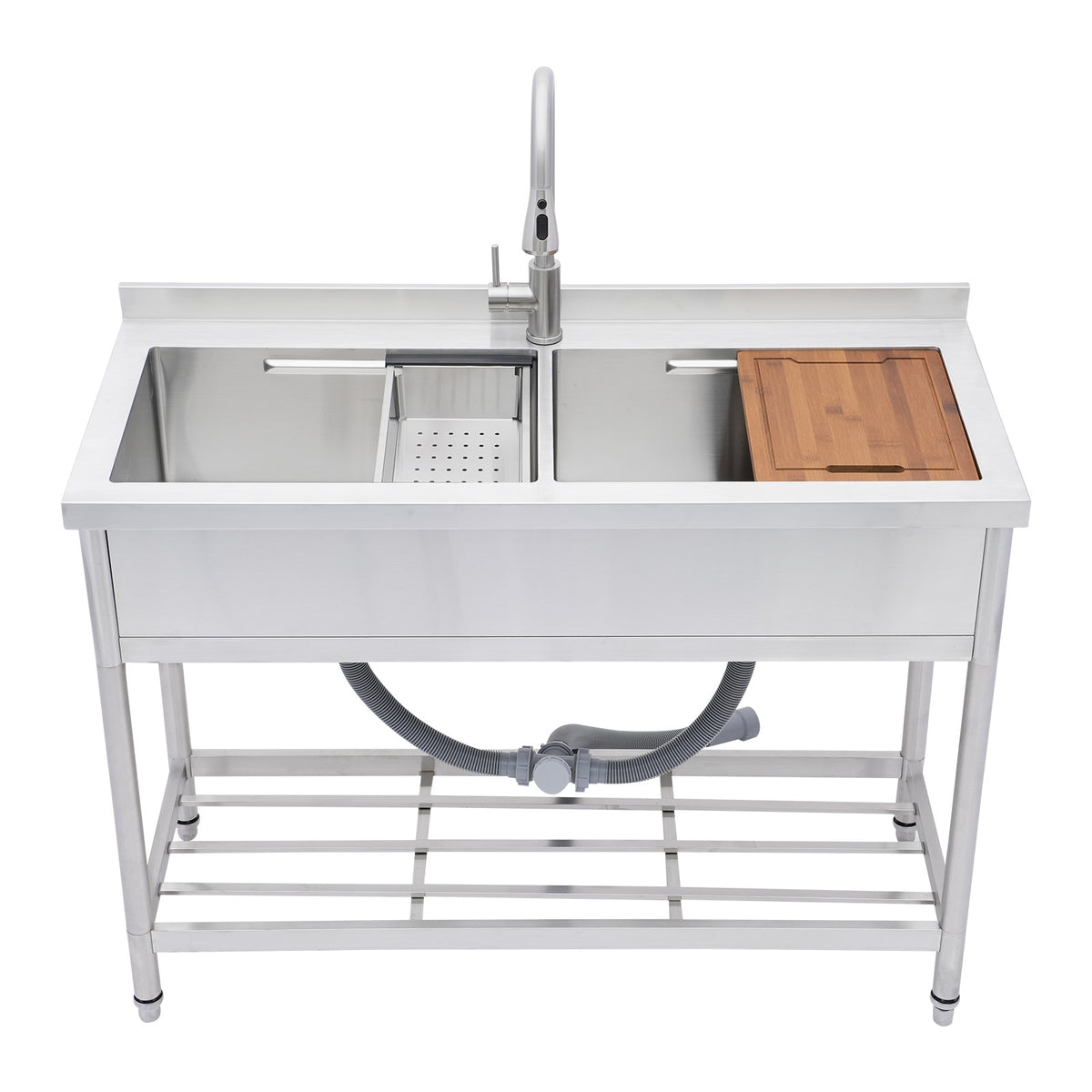 47.2' Heavy-Duty Stainless Steel Freestanding Double Sink (50/50) with Faucet, for Outdoor Laundry Garage Kitchen Commercial Backyard Garden