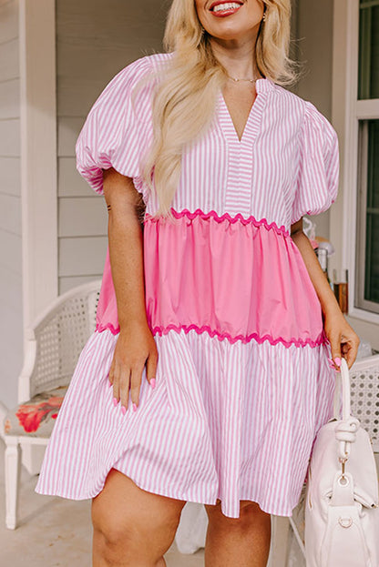 Pink Ric Rac Puff Short Sleeve Striped Flowy Plus Dress - Eloy Royal