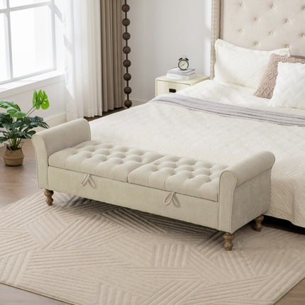 65.75' Wide Modern Upholstered  Storage Bench With Double Lids, Napped fabric Foot Stool With Rolled Armrest, Bench Daybed With Rubberwood Legs For Living Room, Entryway, Dormitory, Bedroom,Griege
