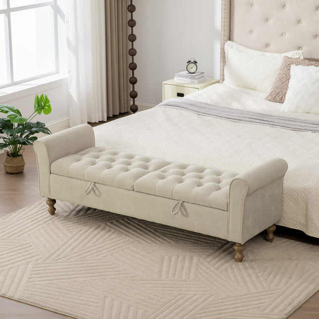 65.75' Wide Modern Upholstered  Storage Bench With Double Lids, Napped fabric Foot Stool With Rolled Armrest, Bench Daybed With Rubberwood Legs For Living Room, Entryway, Dormitory, Bedroom,Griege