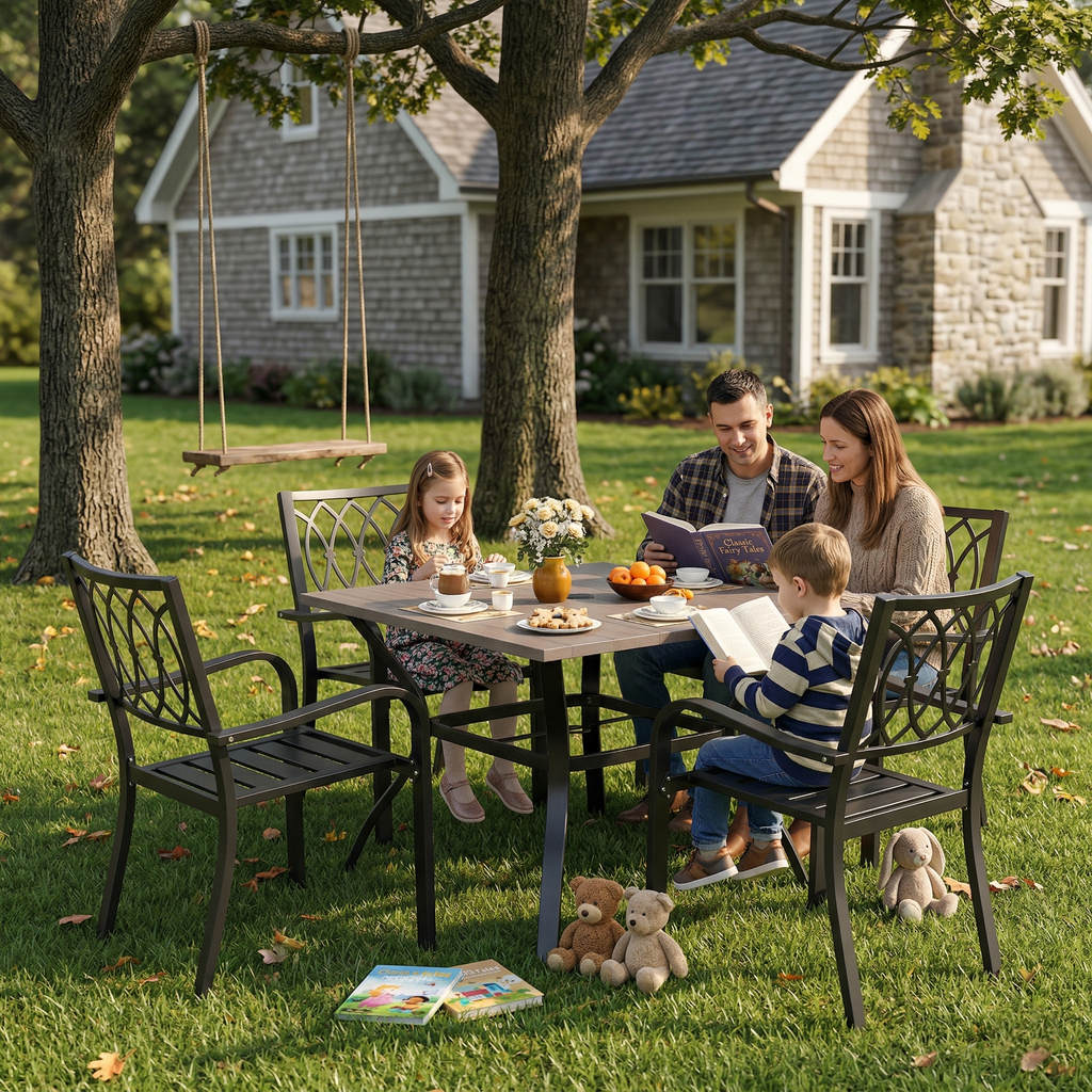 5‑Piece Outdoor Patio Dining Set, 4 Iron Chairs (350 lbs Capacity) + 37.8' Square Wood‑Grain Metal Table w/ Umbrella Hole , Rustproof, Ergonomic Slat Design, 30‑Min Quick Assembly