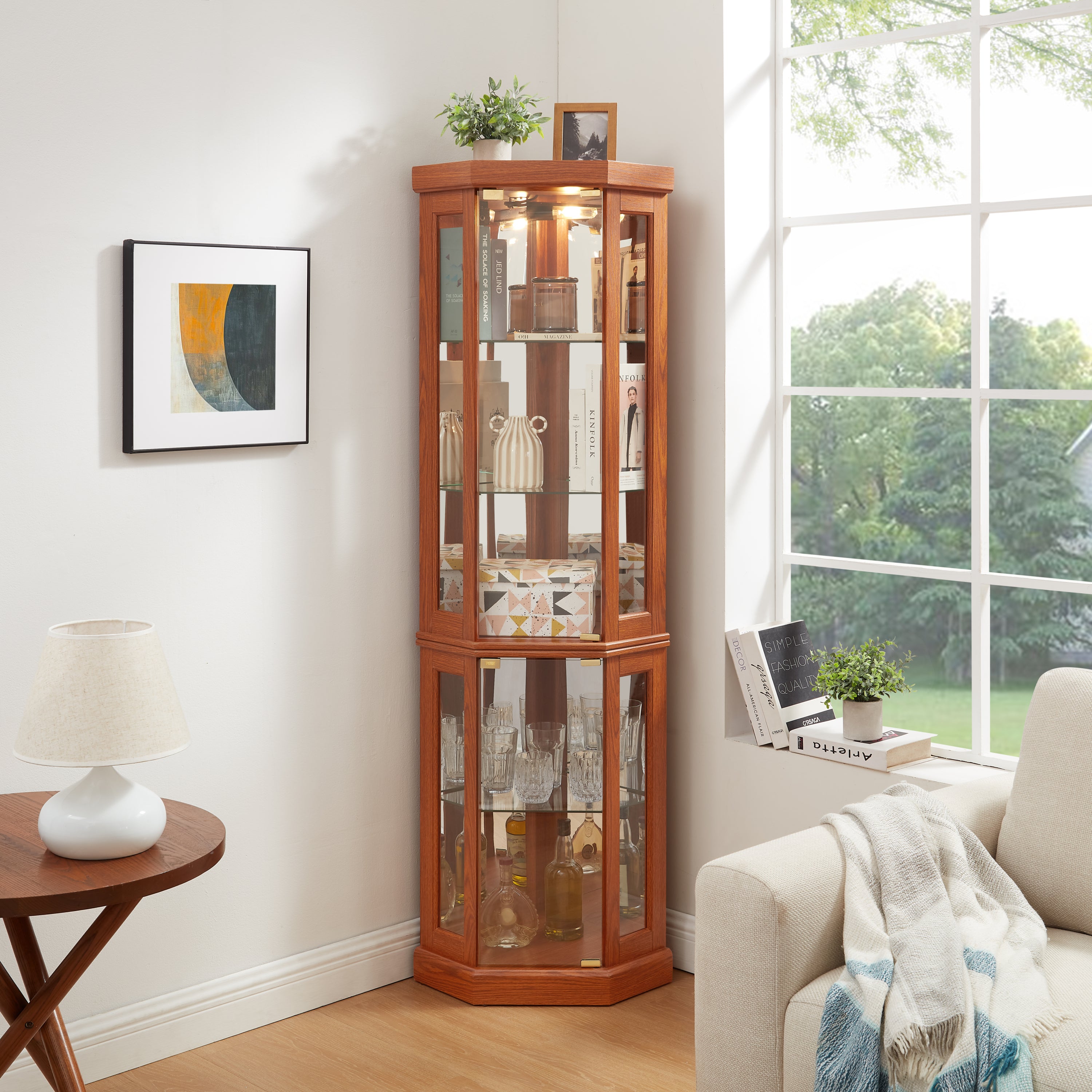 Corner Glass Cabinet Lighted Curio Cabinet Corner Display Case for Living Room, Curio Cabinet, Antique collection, Wine,Bar Glass Storage Light Included, Dark oak