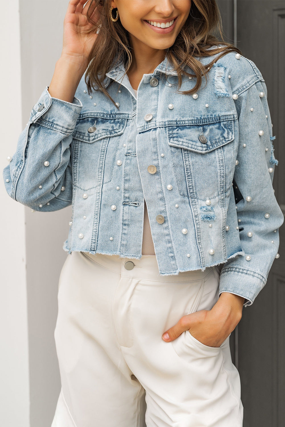 Wholesale Sky Blue Pearls Beading Cropped Denim Jacket - Eloy Royal