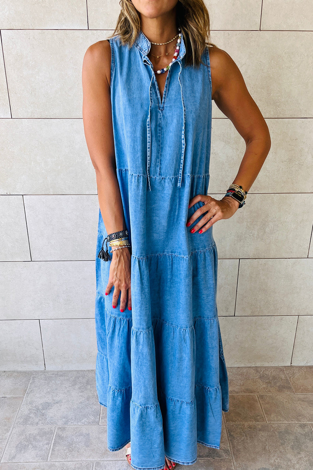 Real Teal Sleeveless Tiered Chambray Maxi Dress - Eloy Royal