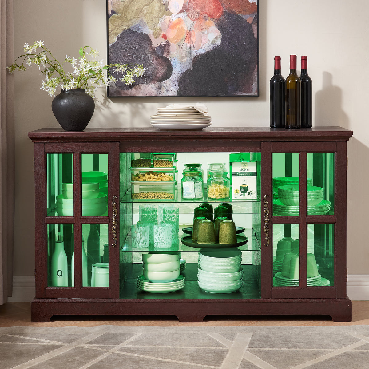 2 Grid Door Low Cabinet with Full-Color RGB Light Strip& Vintage Handles, 2-Tier Adjustable Shelves, Multifunctional Glass Storage Cabinet for Dining, Living Room, Bedroom, Lounge DARK CHEERY