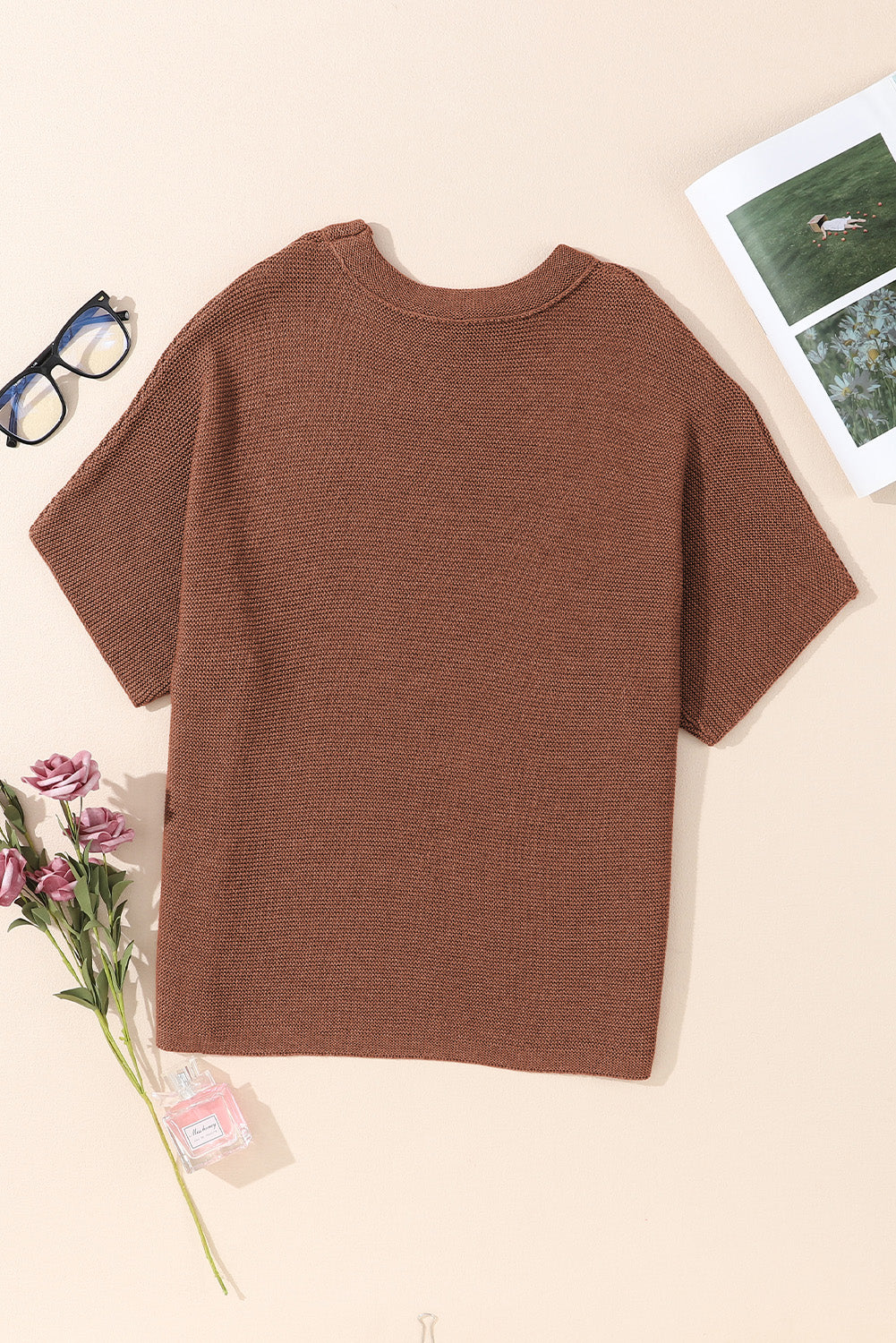 Coffee Mock Neck Short Batwing Sleeve Sweater - Eloy Royal