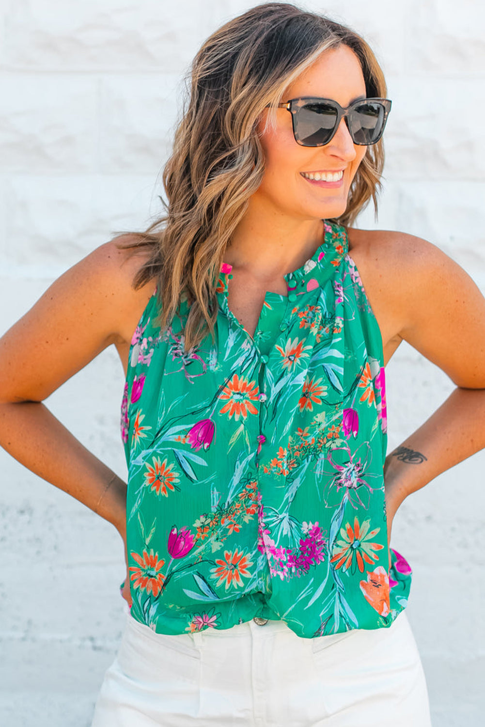 Bright Green Boho Floral Print Button Front Sleeveless Blouse - Eloy Royal