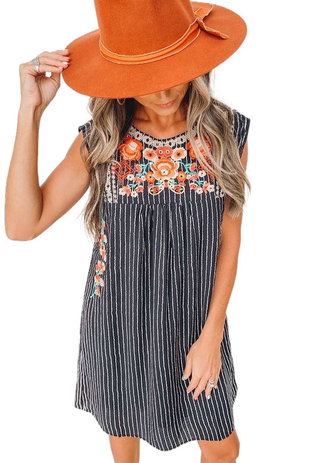 Navy Blue Boho Striped Cap Sleeve Embroidered Short Dress - Eloy Royal