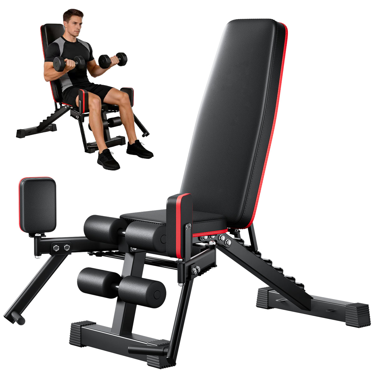 Weight Bench for Home Gym, 2-in-1 Weight Bench with Hip Abduction Training Function, Elastic Resistance Rope System, Strength Training Equipment for Home Workout