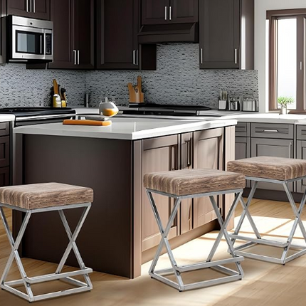 24-inch counter height square metal stool with footstool and tufted PVC printed cushion, silver frame, 3-piece set, salt oak.