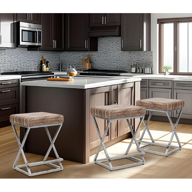 24-inch counter height square metal stool with footstool and tufted PVC printed cushion, silver frame, 3-piece set, salt oak.