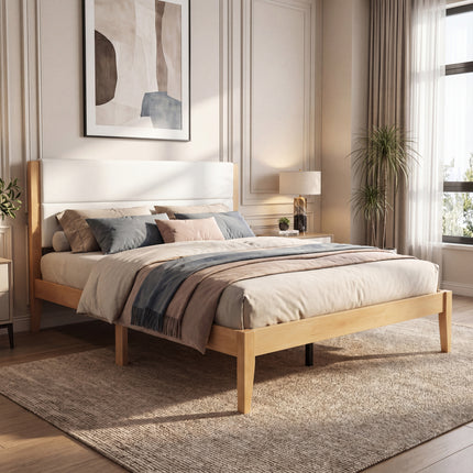 Mid-Century Modern Platform Bed Frame with Upholstered Headboard, Solid Wood Slat Support, No Box Spring Needed, Easy Assembly, King Size, Natural