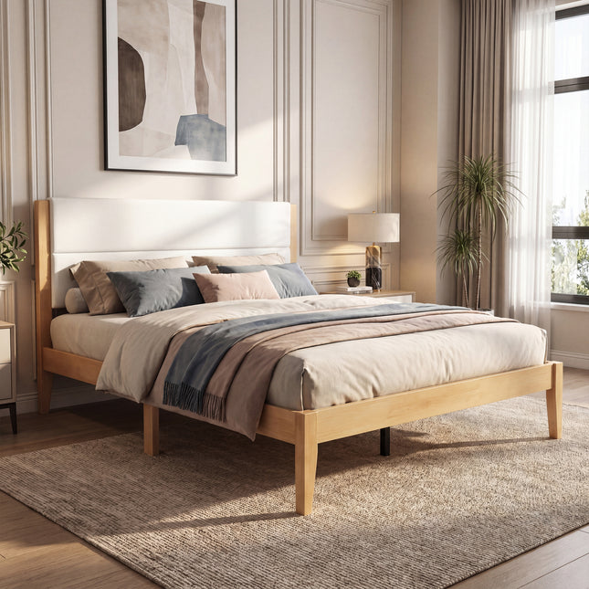 Mid-Century Modern Platform Bed Frame with Upholstered Headboard, Solid Wood Slat Support, No Box Spring Needed, Easy Assembly, King Size, Natural