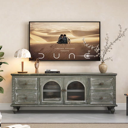 60' Farmhouse TV Stand with 4 Drawers & 2 Glass Doors, Rustic Wood Media Console, Distressed Entertainment Center for TVs