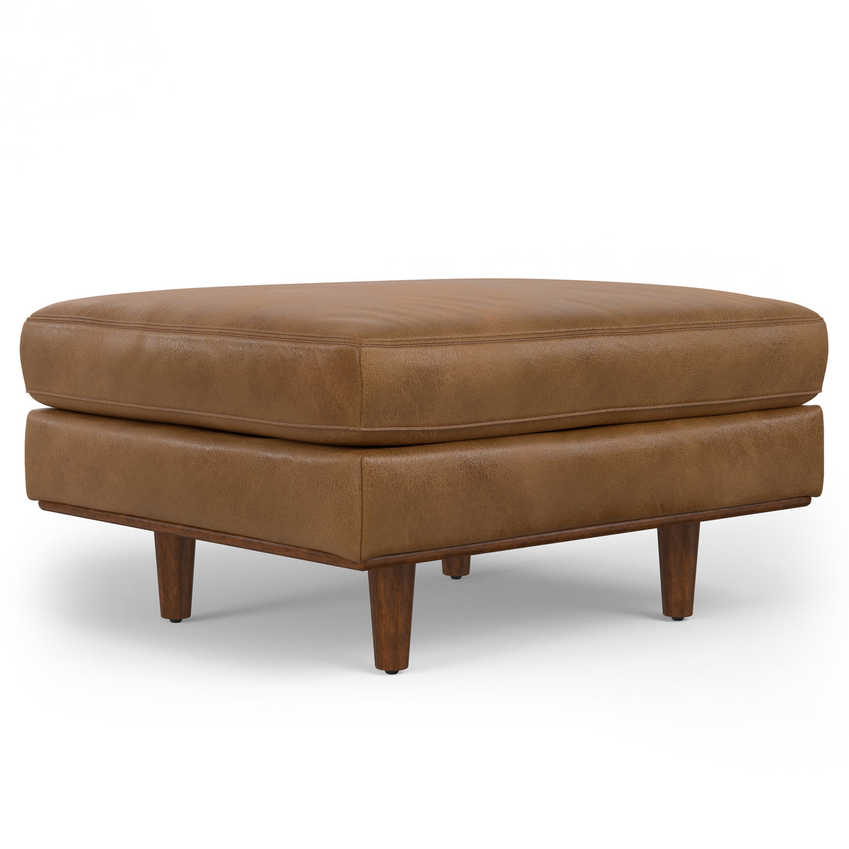 Morrison Ottoman in Caramel Brown Genuine Leather with Mid-Century Modern Design, Medium Firm Foam Cushion, Solid Wood Frame, 28 x 33 x 18 Inches