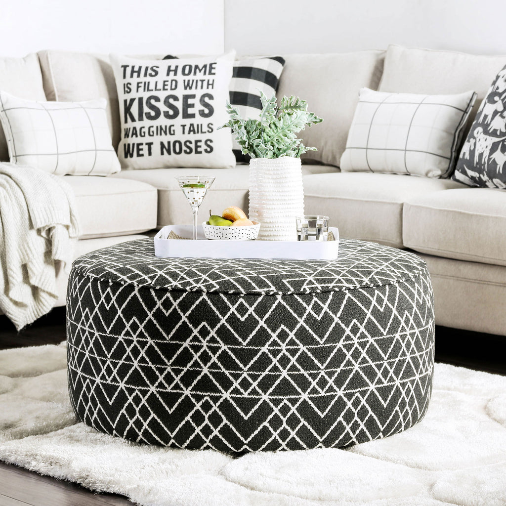 Contemporary Style Round Upholstery Ottoman Welt Trim Black Finish