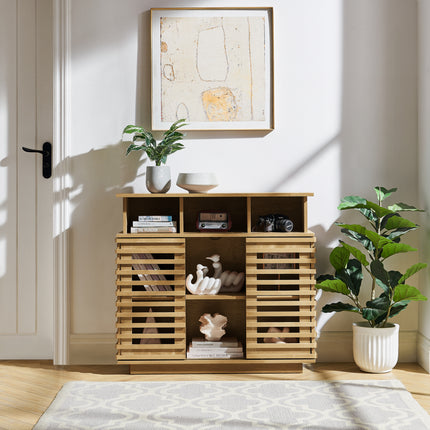 36.1' Sideboard Buffet Cabinet with Storage, Farmhouse Lattice Sideboard with Sliding Doors & Adjustable Shelf, TV Media Console, Storage Cabinet for Kitchen Living Room Entryway Hallway, Natural