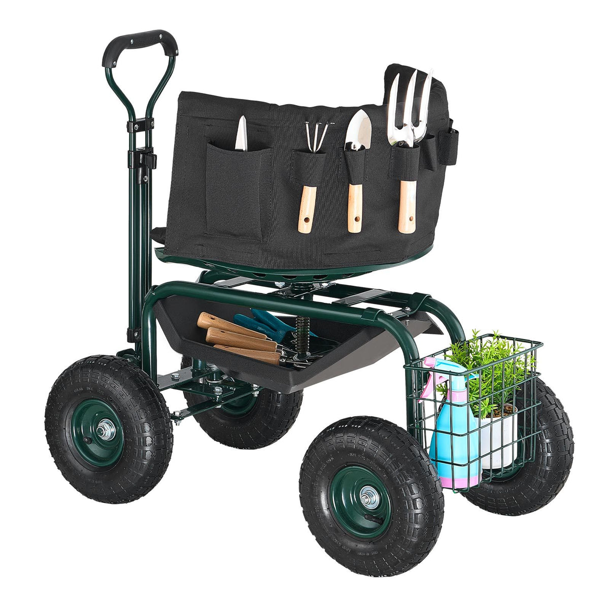 Rolling Garden Cart with Swivel Seat Backrest Toolbox Wheel Extendable Handle