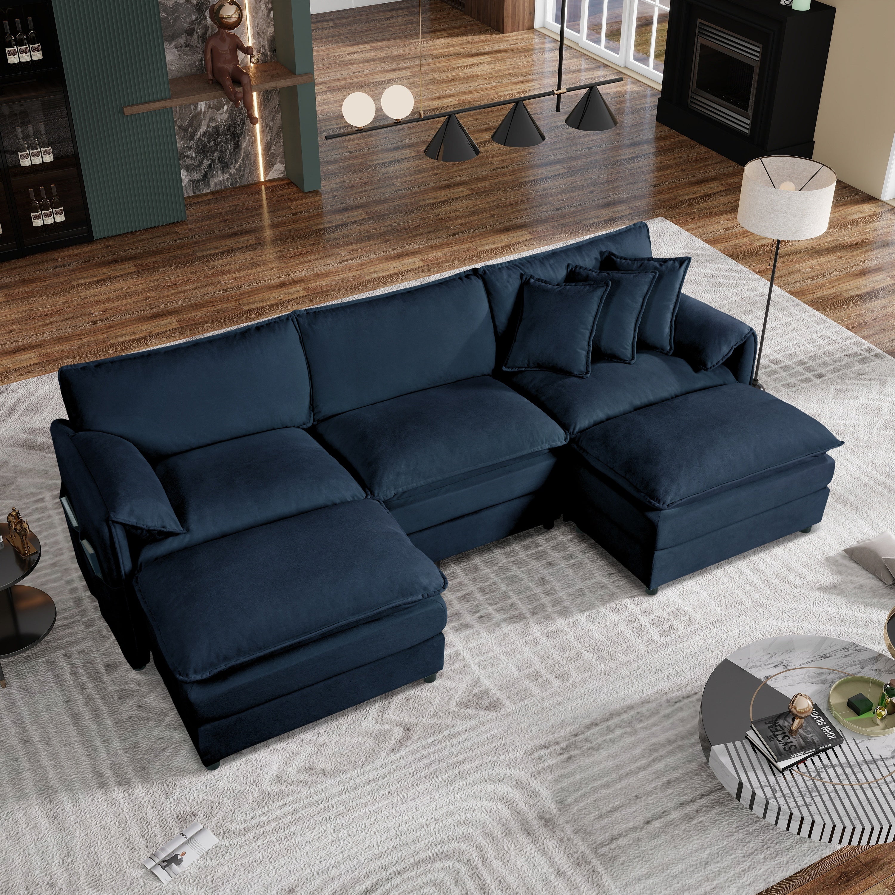 (Old:W3163S00023) Modular Sectional Sofa, Oversized Deep Seat U Shaped Couch Set for Living Room, 3-Seater Comfy Cloud Couches with 2 Movable Ottomans, DIY Combination, Chenille,Blue