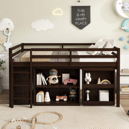 Twin Loft Bed with ,Drawer Cabinet, Shelf Cabinet and Pulling -Out Desk,Rubber Wood Loft Bed with Safety Guardrail ,Ladder,Espresso
