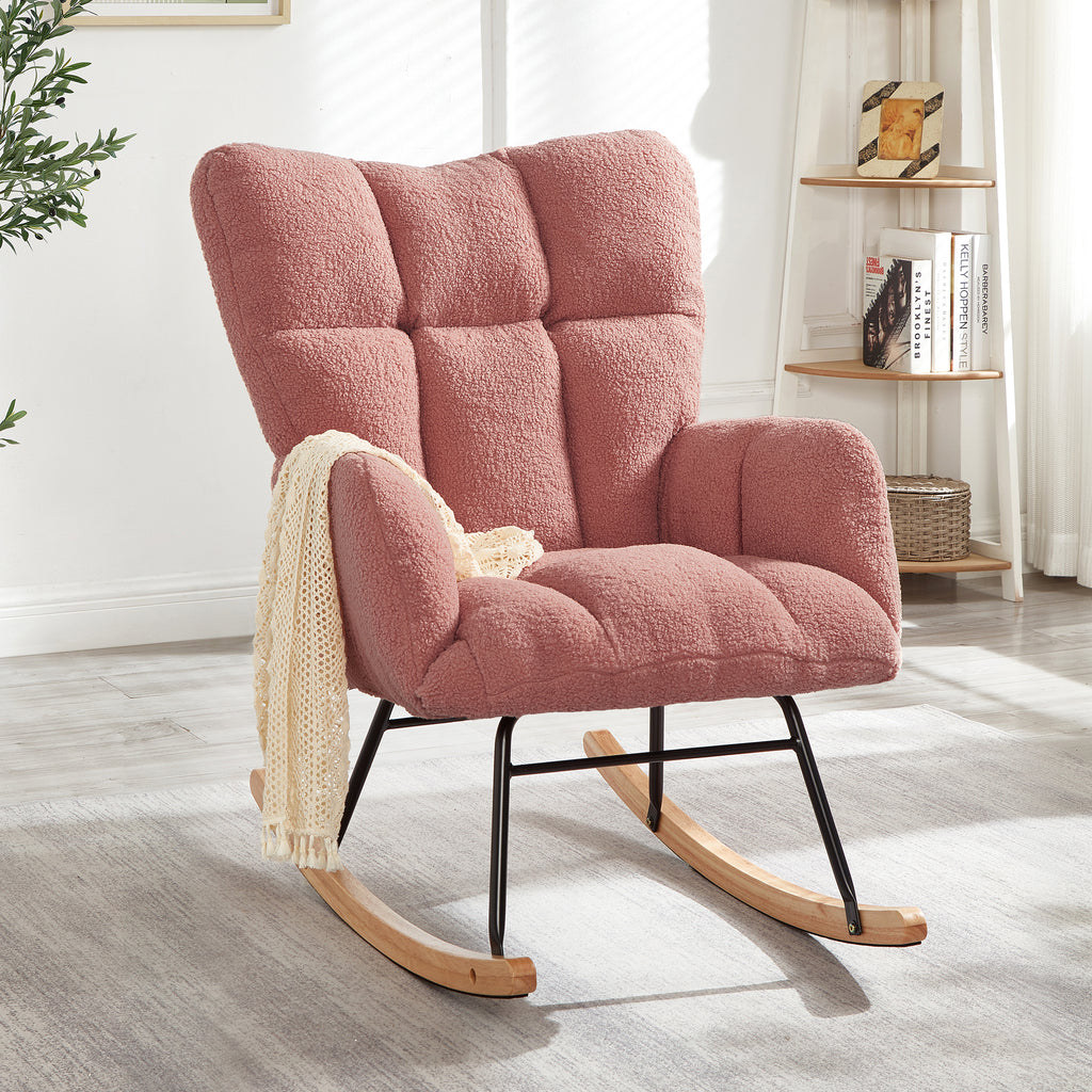 Glider Chair for Living Room Tufted Upholstered Teddy Fabric Rocking Chair with Metal Frame Accent Chair Pink