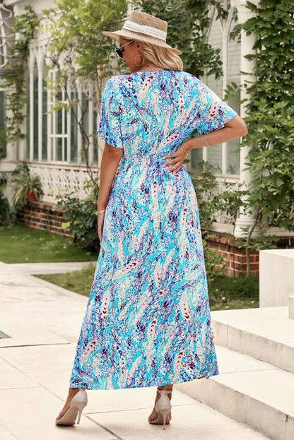 Wholesale Rose Boho Abstract Print V Neck Short Sleeve Maxi Wrap Dress - Eloy Royal