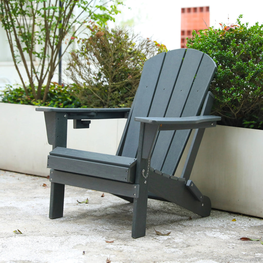 HDPE Folding Adirondack Chair with Dual Cup Holder - Composite Adirondack Chair with Wood Texture- Gray