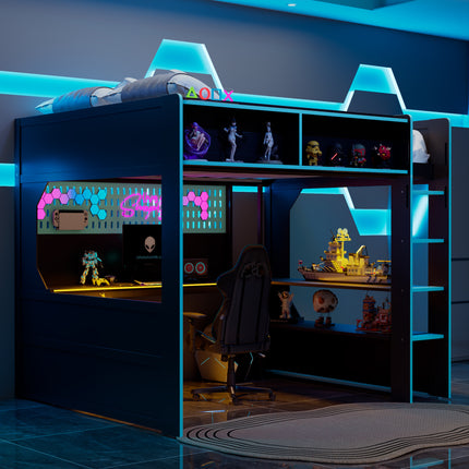 Full Size Gaming Loft Bed with Integrated Desk and Lights, Modern Wooden Bed Frame with Desk and Built-in Charging Station, Black+Blue