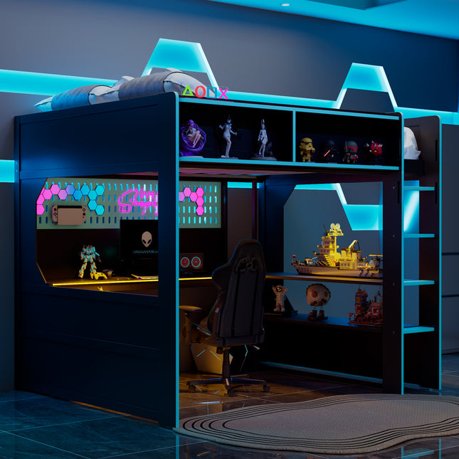 Full Size Gaming Loft Bed with Integrated Desk and Lights, Modern Wooden Bed Frame with Desk and Built-in Charging Station, Black+Blue
