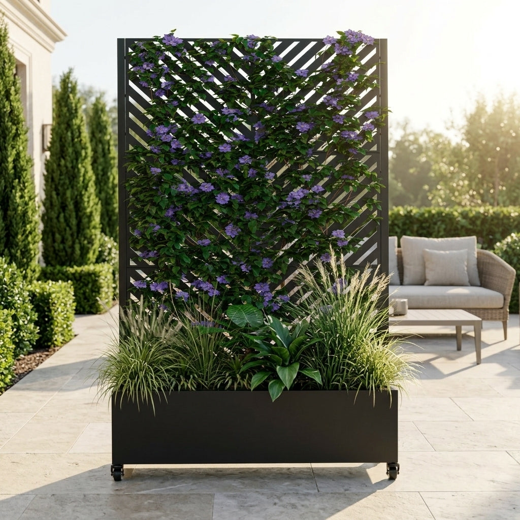 Metal Planter Box with Trellis,  73'x47'x16' Metal Raised Garden Bed with Trellis, Metal Planter Box with Drainage Holes & Lockable Wheels & Privacy Screen for Climbing Plants, Vegetables, Vines