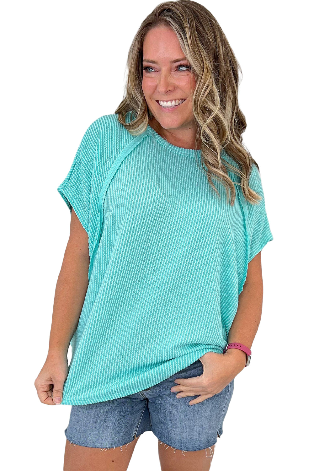 Light Blue Ribbed Exposed Seam Casual Plus Size T Shirt - Eloy Royal