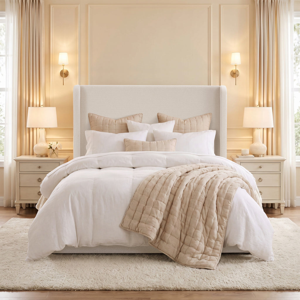Carmen Tall Headboard Upholstered Bed / 52.3' High Headboard / Elegant Simplicity / No Box Spring Needed / Easy Assembly / King / Cream White Boucle