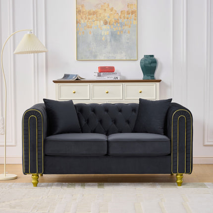 63' Modern Loveseat Sofa,2 Seater Couch Comfy Velvet Sofa Button Tufted Rolled Arms and Gold Legs,Chesterfield for Primary Living Space,Black