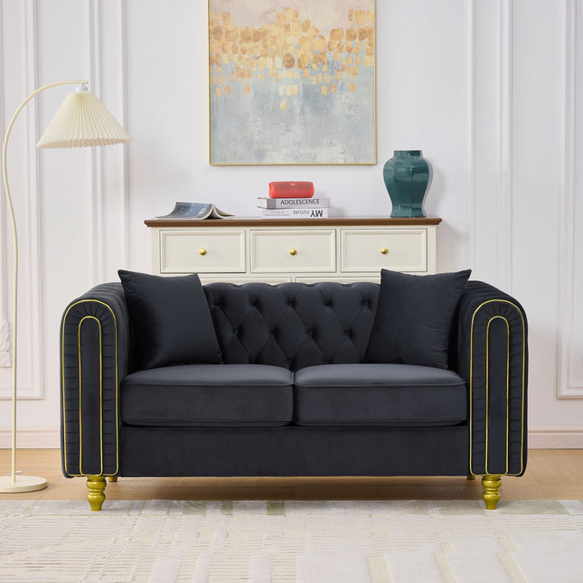 63' Modern Loveseat Sofa,2 Seater Couch Comfy Velvet Sofa Button Tufted Rolled Arms and Gold Legs,Chesterfield for Primary Living Space,Black