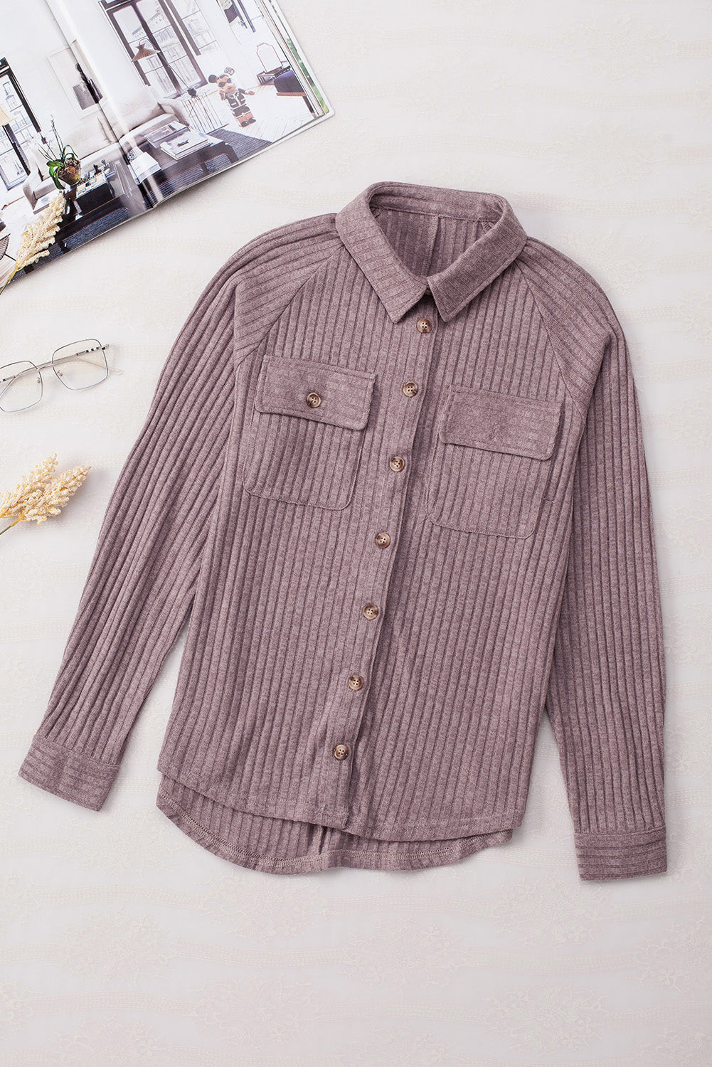 Purple Button Down Raw Hem Ribbed Shirt Shacket - Eloy Royal