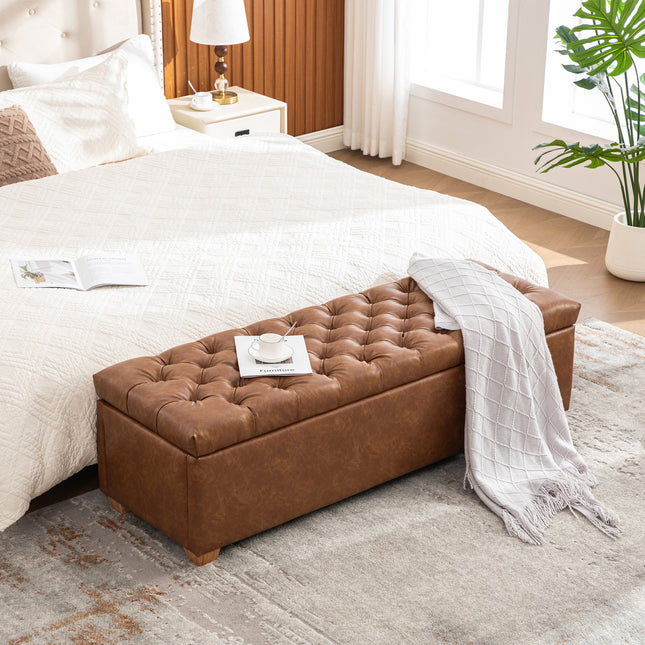 60.2'' Wide PU Upholstered Storage End of Bed Bench, Tufted Flip-Top Accent Window Bench Footrest Stool Ottoman with Legs for Living Room, Bedroom, Entryway, Dining Room, Dorm, Corner, Brown