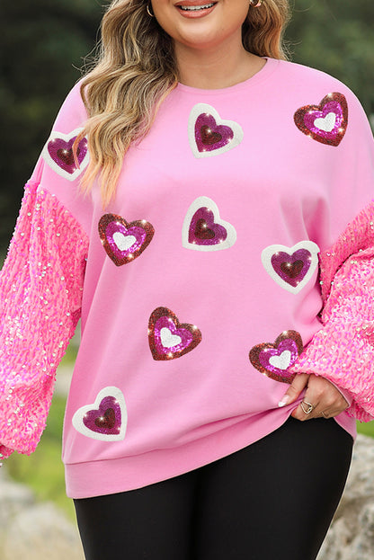 Wholesale Pink Sequined Heart Graphic Splicing Sleeve Plus Size Sweatshirt - Eloy Royal