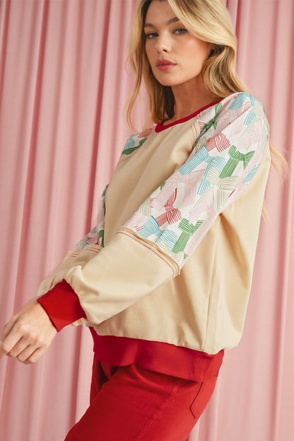 Beige Bowknot Print Patchwork Raglan Sleeve Top