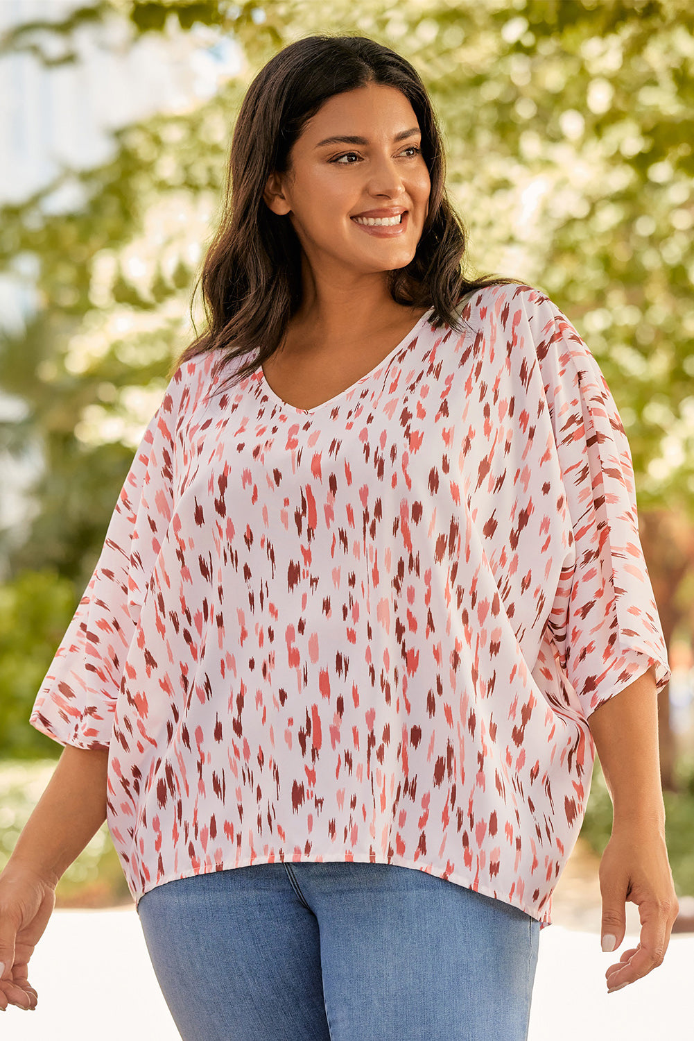 Pink Elegant Polka Dots 3/4 Dolman Sleeve Plus Size Blouse - Eloy Royal