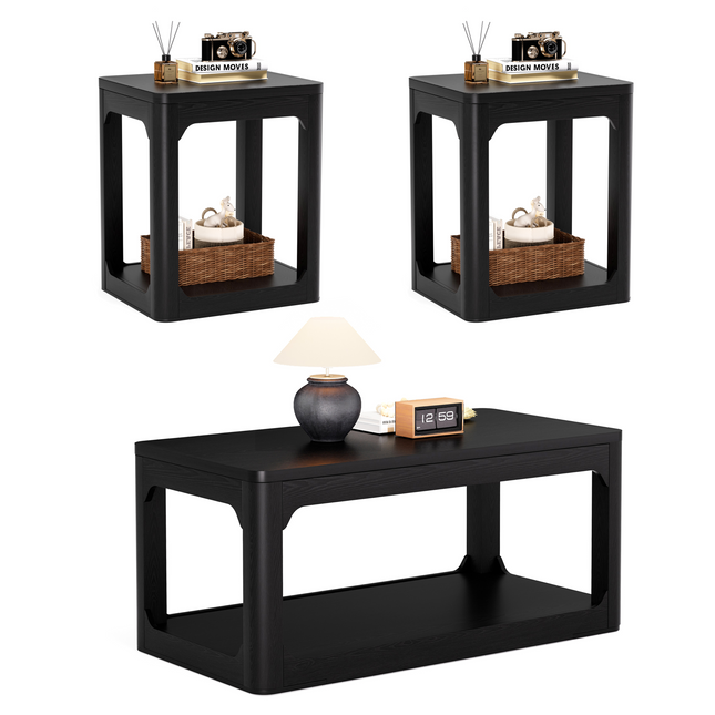 3-piece living room coffee table set, modern-style coffee table and side table set, featuring ample storage space and smooth, rounded edges. Ideal for living rooms, bedrooms, offices, and more. Black