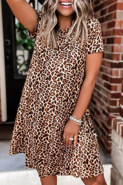 Casual Short Sleeve A-Line Crewneck Leopard Print Dress - Eloy Royal