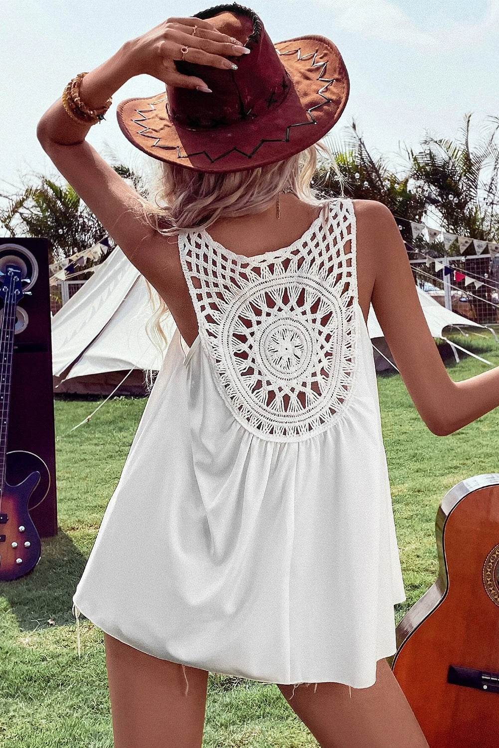 White Bohemian Crochet Sleeveless Tunic Top - Eloy Royal