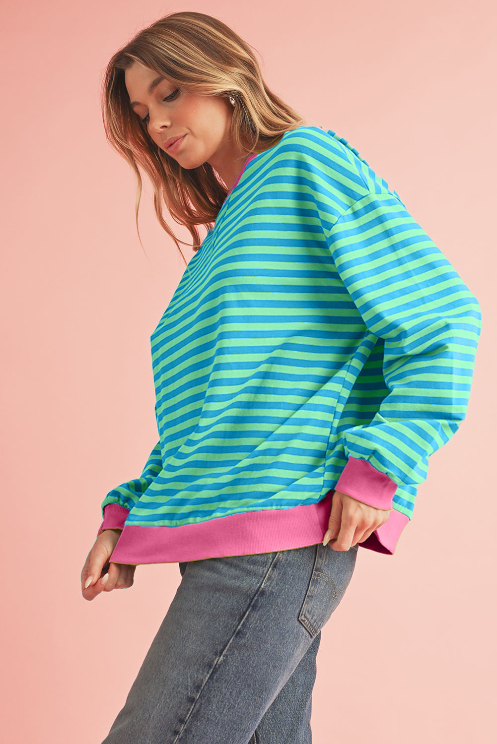 Green Stripe Contrast Edge Oversized Sweatshirt